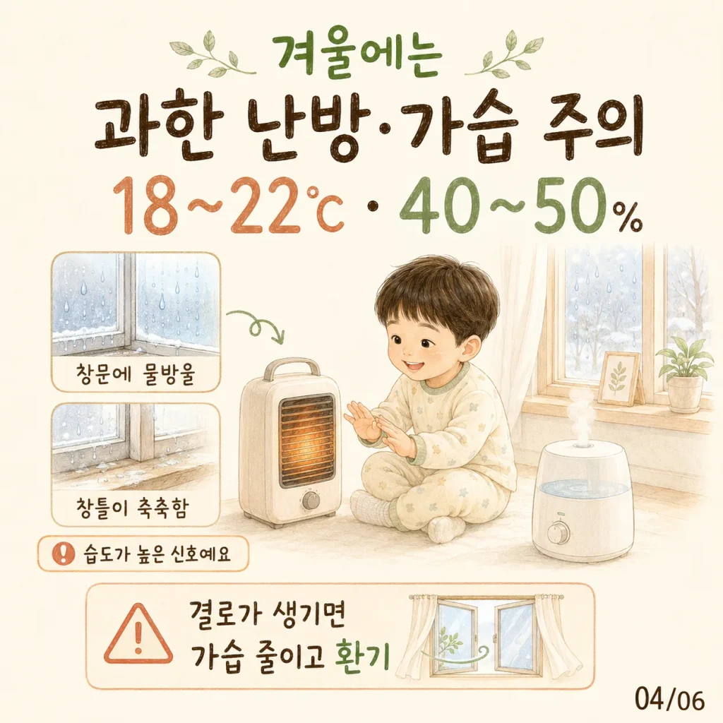 아이 있는 집 적정 온도 겨울 18~22도 습도 40~50% 과한 난방 가습 주의 카드