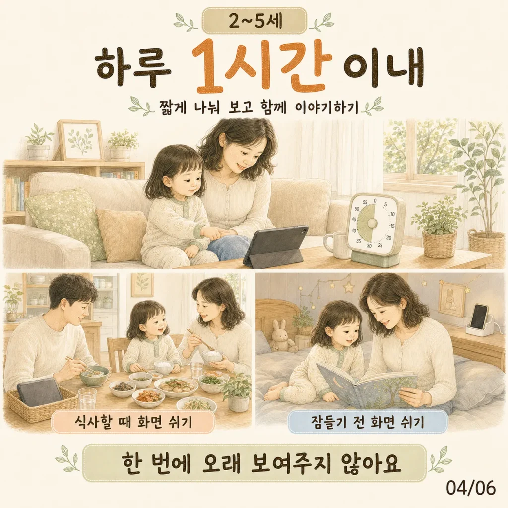 2~5세 아이 미디어 노출 시간 카드: 하루 1시간 이내, 식사할 때 화면 쉬기, 잠들기 전 화면 쉬기
