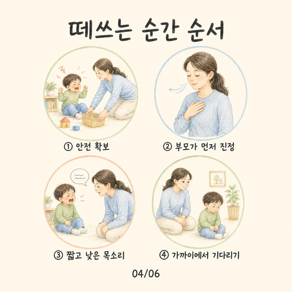 떼쓰는 순간 순서 안전 확보 부모 먼저 진정 짧고 낮은 목소리 기다리기 카드