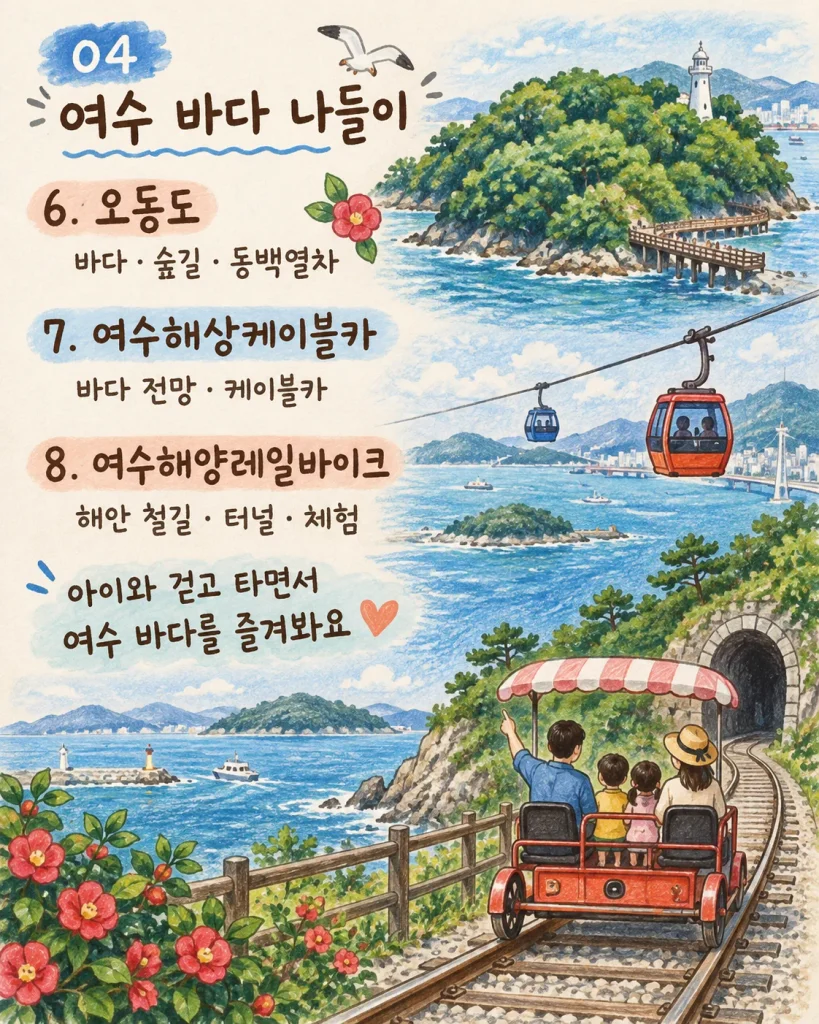 오동도·여수해상케이블카·여수해양레일바이크 안내 카드