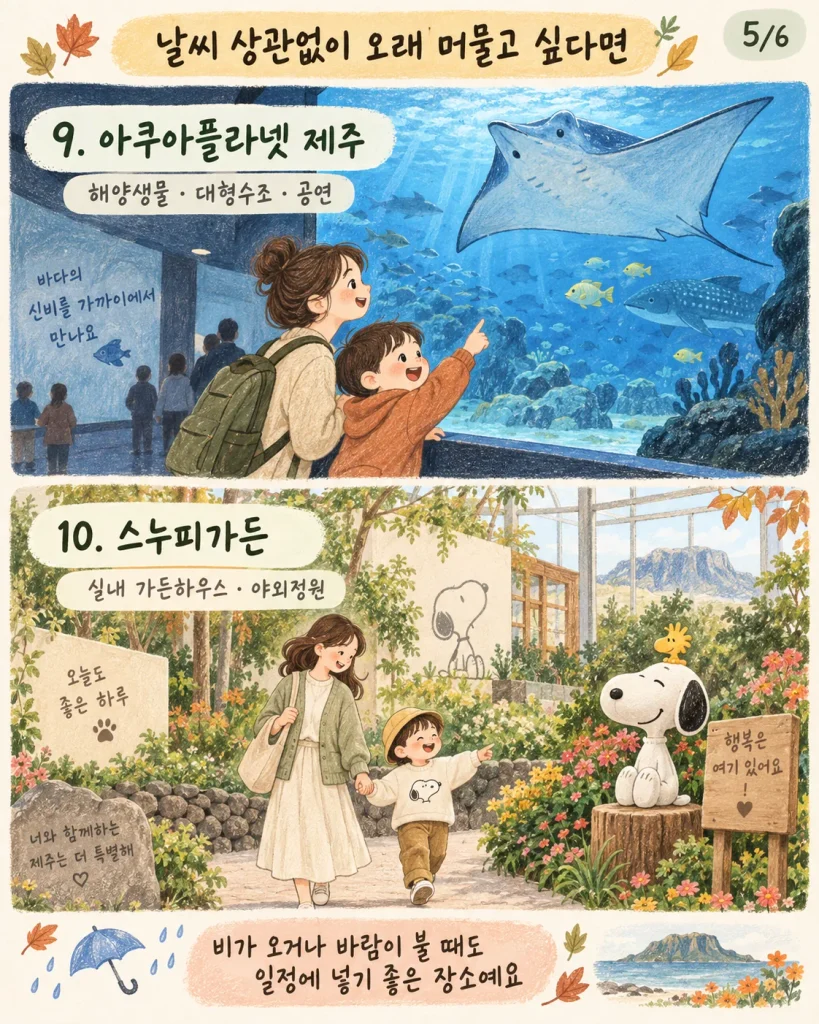 날씨 상관없이 제주 아이와 가볼 만한 곳 안내 카드 - 아쿠아플라넷 제주·스누피가든
