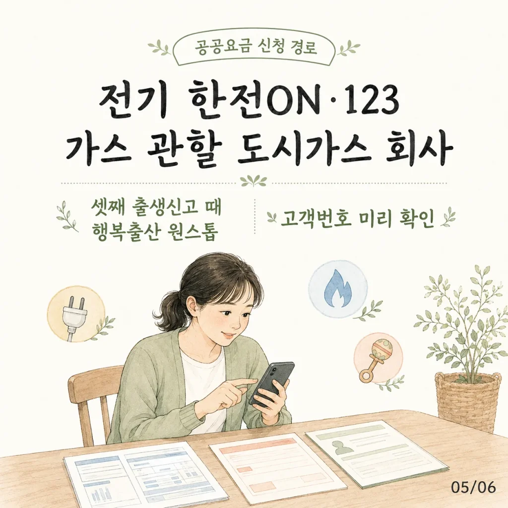 공공요금 신청 경로 카드: 전기는 한전ON·123, 가스는 관할 도시가스회사, 출생신고 때 행복출산 원스톱