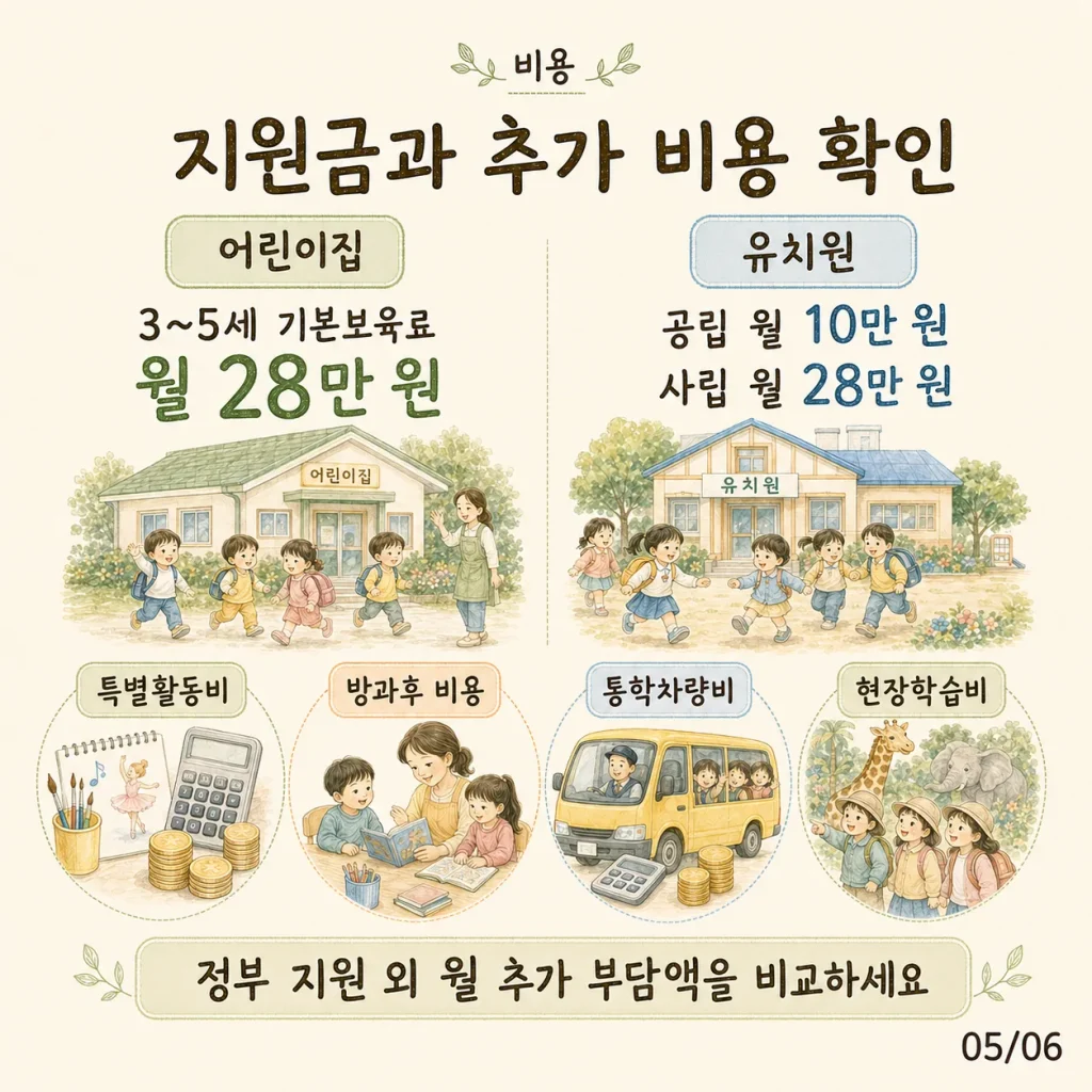 2026 어린이집 유치원 지원금과 추가 비용 비교
