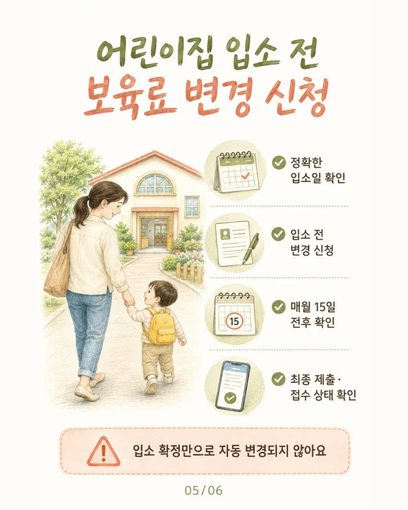 어린이집 입소 전 보육료 변경 신청 체크 카드