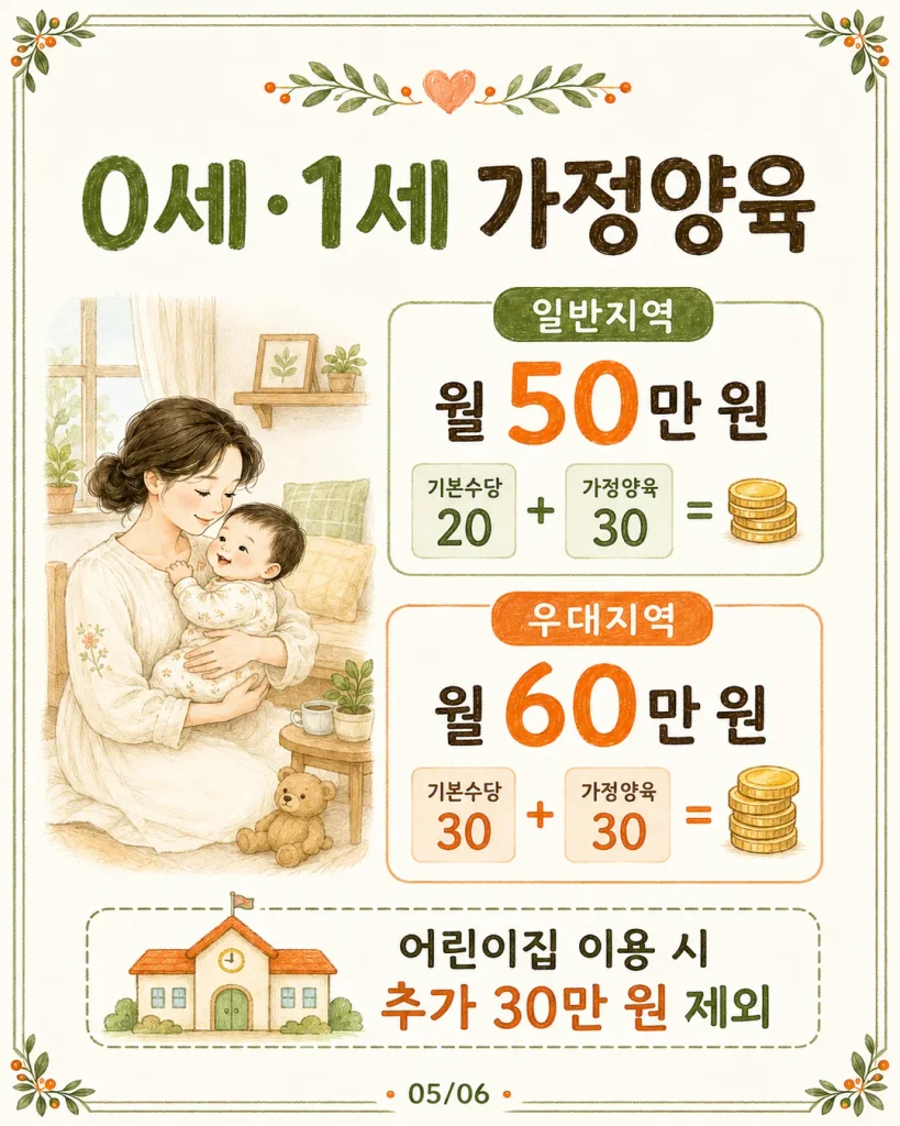 0세 1세 가정양육 일반지역 월 50만 원 우대지역 월 60만 원 카드