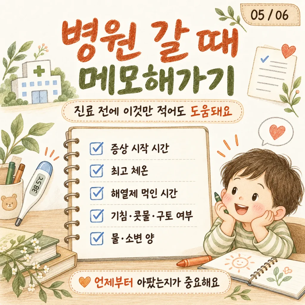 병원 갈 때 메모해가기 증상 시작 시간 최고 체온 해열제 먹인 시간
