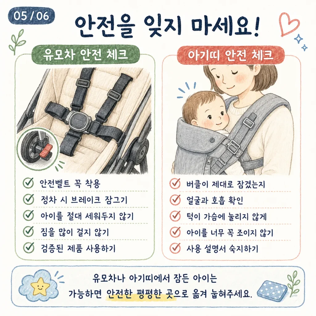 유모차 안전벨트와 브레이크, 아기띠 얼굴과 호흡 확인 안전 카드