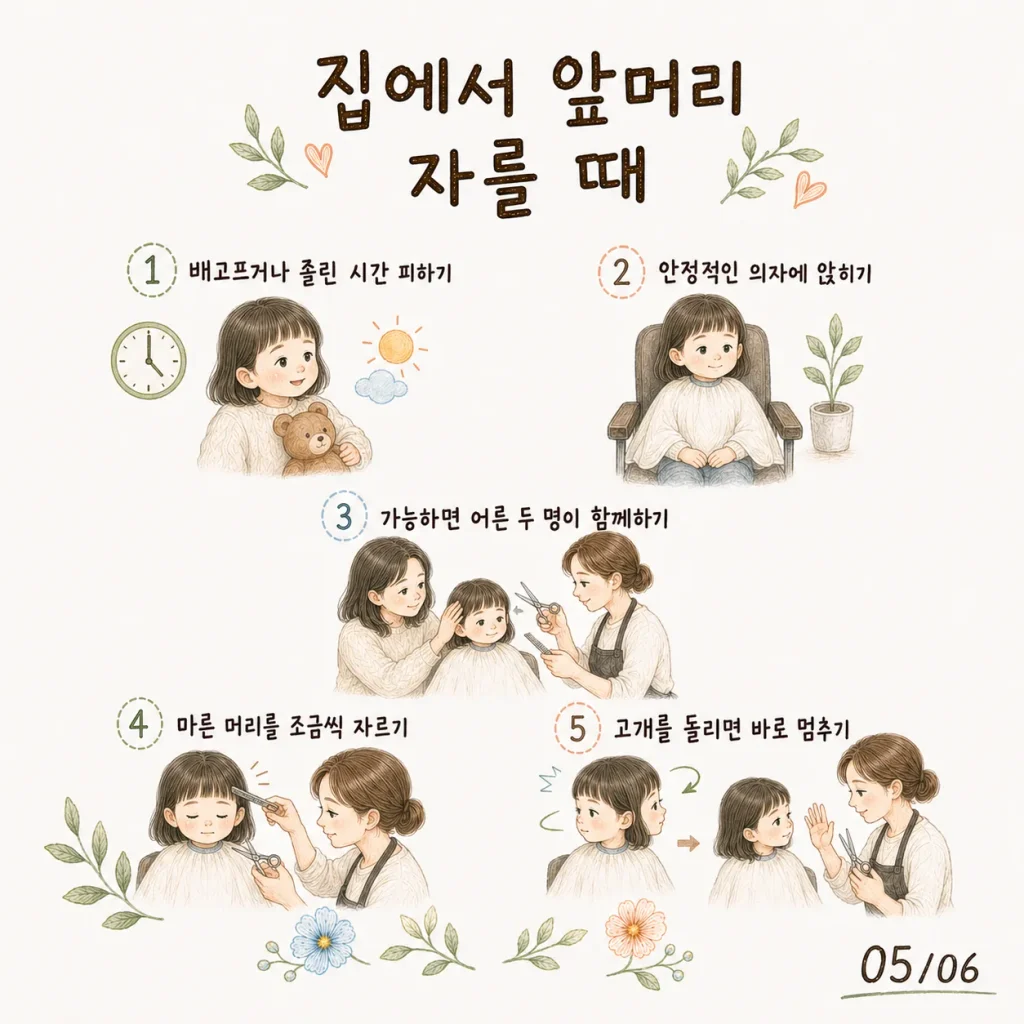 집에서 아이 앞머리 자를 때 시간 의자 두 사람 조금씩 자르기 주의사항 카드