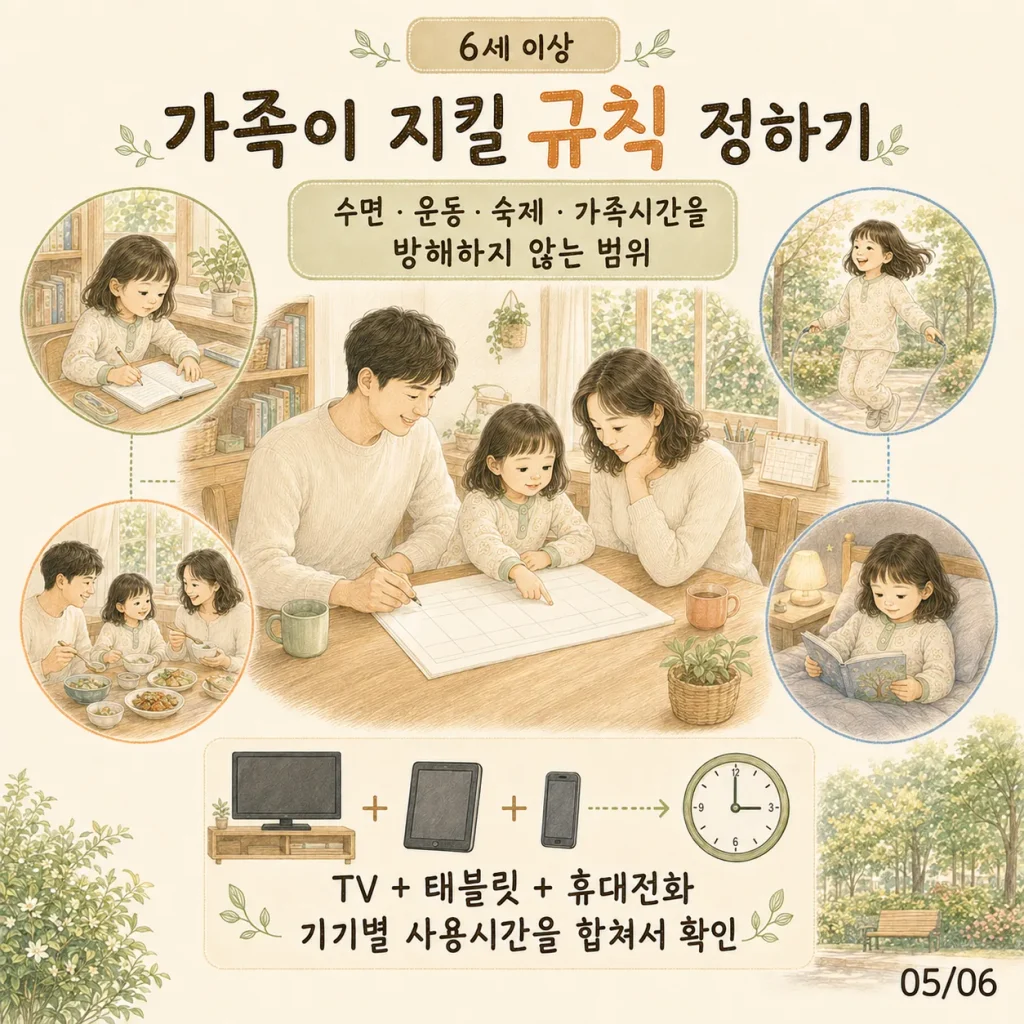 6세 이상 카드: 가족이 지킬 규칙 정하기, 수면·운동·숙제·가족시간을 방해하지 않는 범위