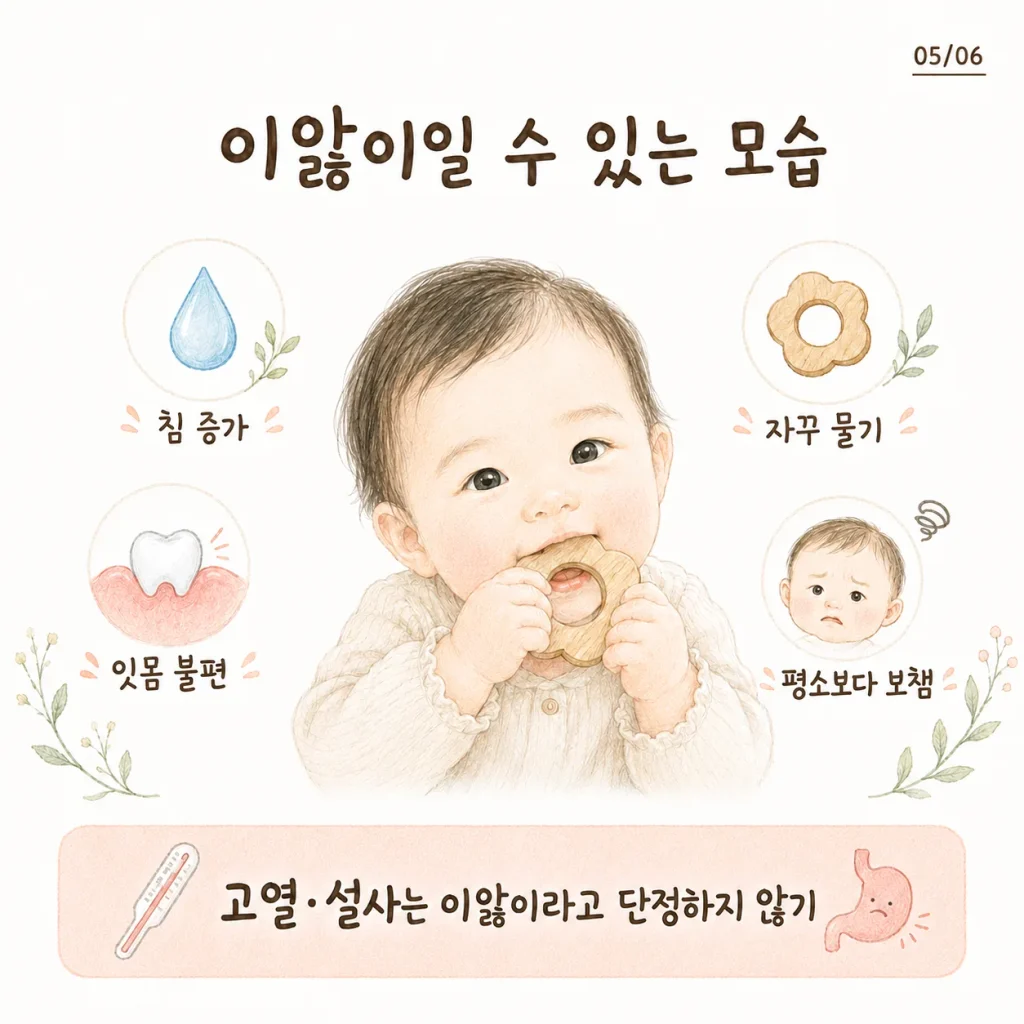 이앓이일 수 있는 모습 침 증가 자주 물기 잇몸 불편 카드