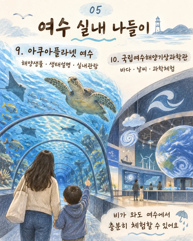 아쿠아플라넷 여수와 해양기상과학관 실내 나들이 안내 카드