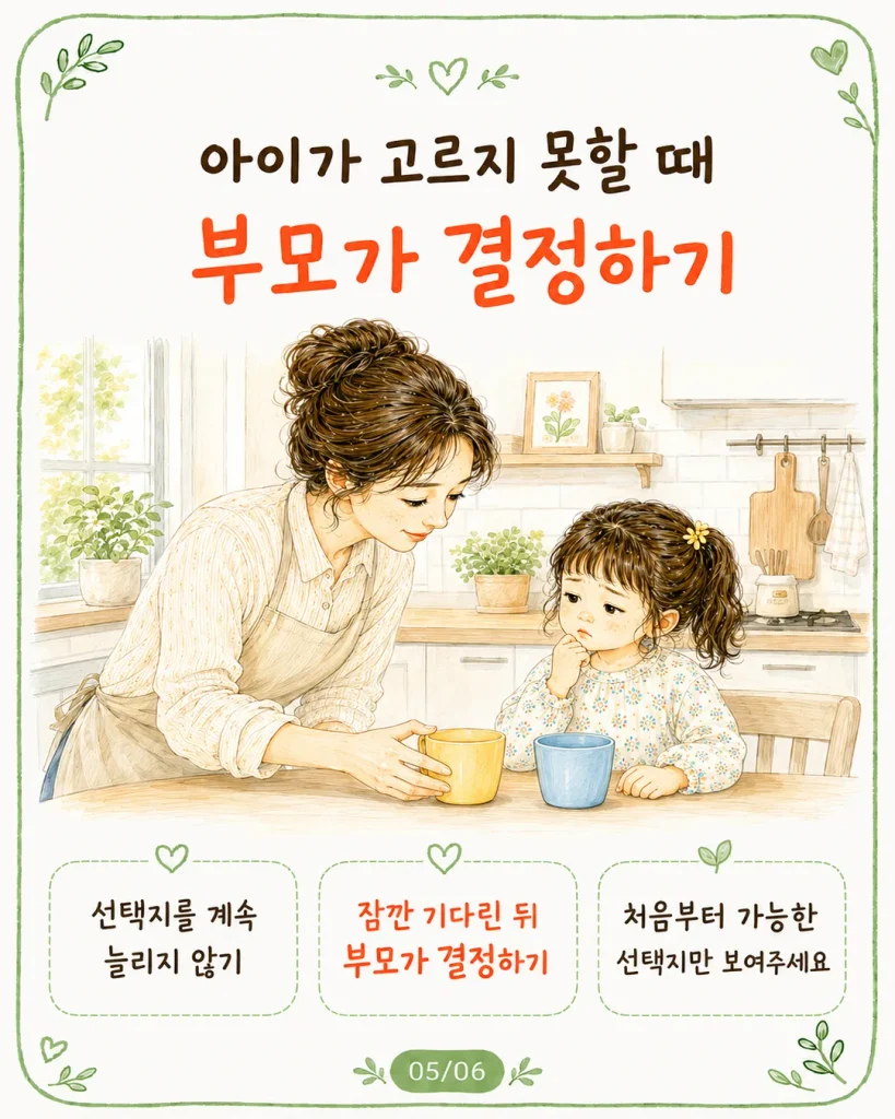 아이가 고르지 못할 때 선택지 늘리지 않기 잠깐 기다린 뒤 부모가 결정하기 카드