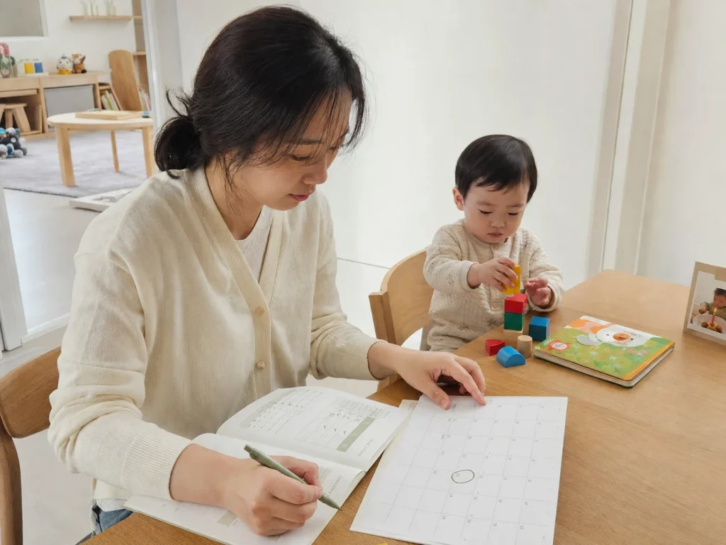 예방접종수첩을 정리하는 엄마와 놀고 있는 아기