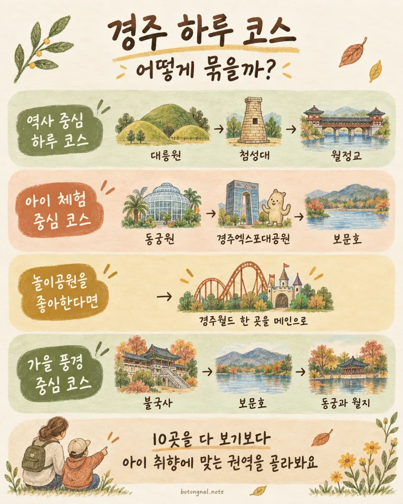 시내권·보문단지권·불국사권 경주 여행 동선 안내 카드
