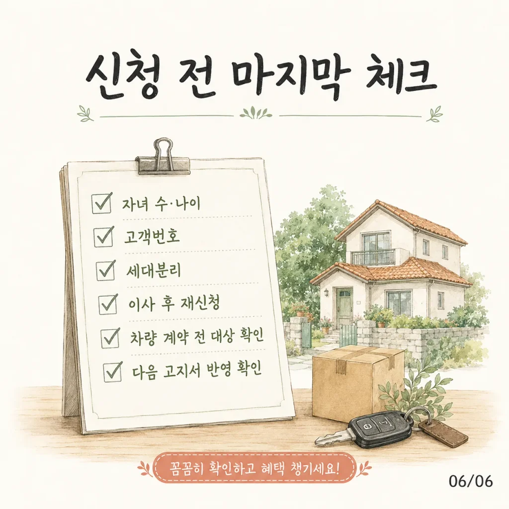 다자녀 혜택 신청 전 마지막 체크 카드: 자녀 수, 고객번호, 세대분리, 이사 후 재신청, 차량 1대 확인