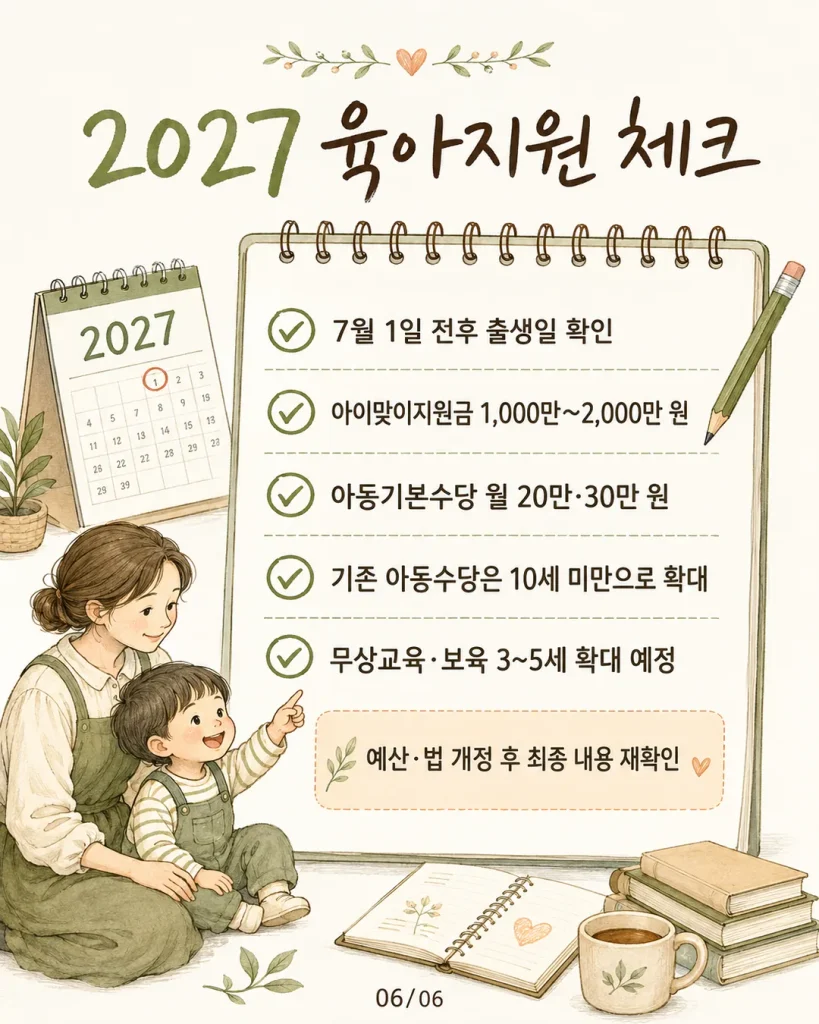 2027 육아지원 체크리스트 7월 1일 출생일 아이맞이지원금 아동기본수당 무상교육 카드