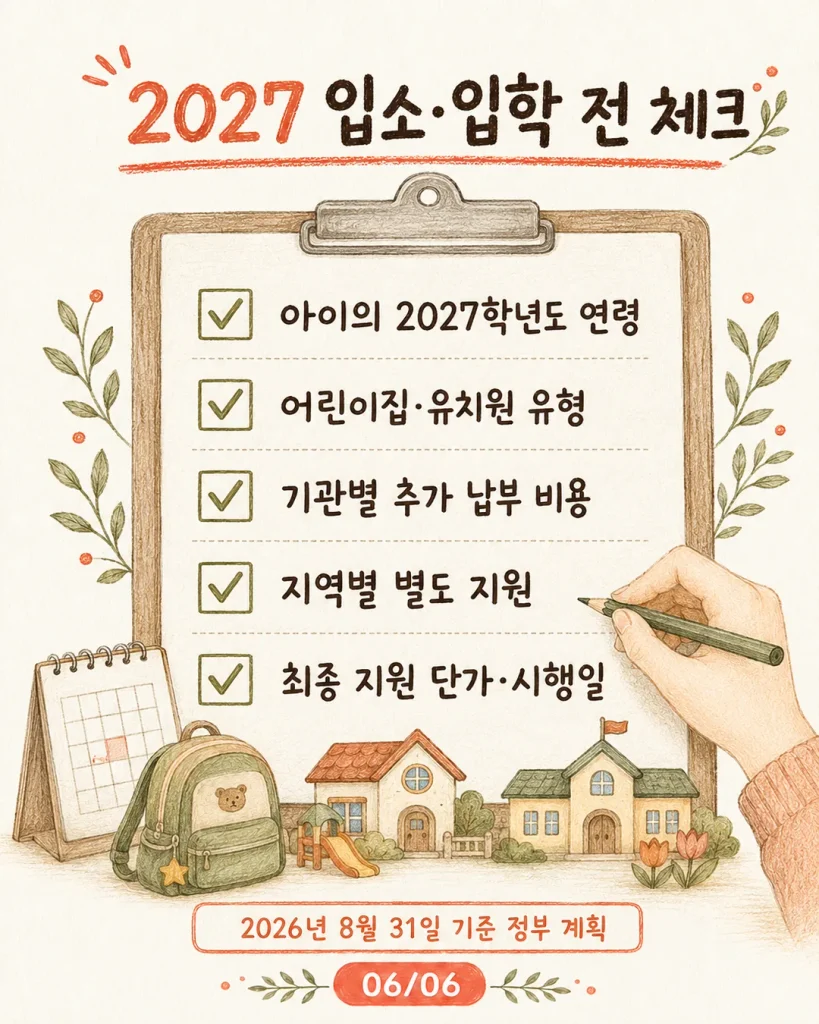2027 입소 입학 전 체크리스트 연령 기관 유형 추가 납부 비용