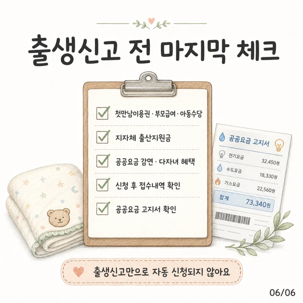 출생신고 전 마지막 체크 카드: 첫만남이용권·부모급여·아동수당, 지자체 출산지원금, 공공요금 감면, 신청 후 접수내역 확인