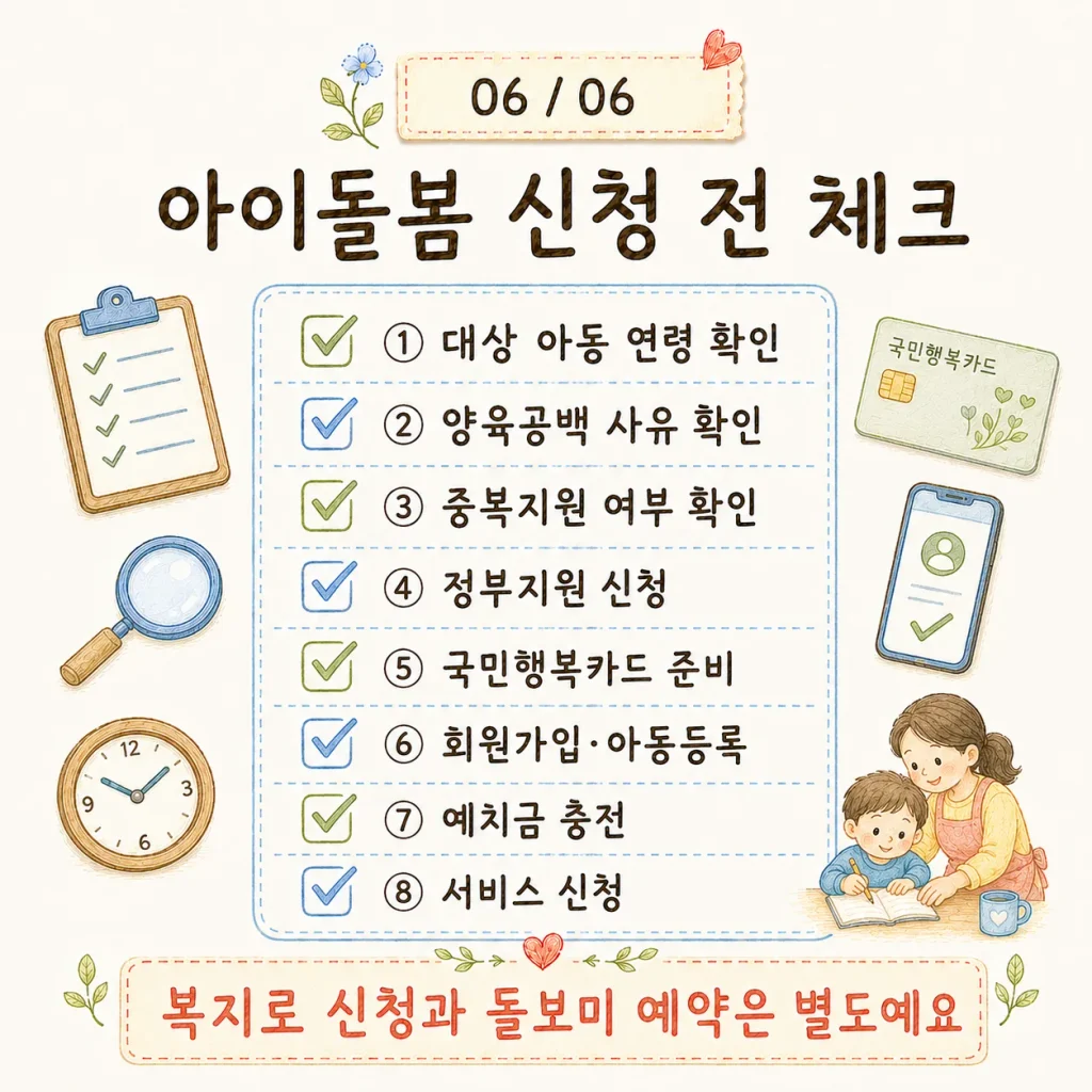 신청 전 대상 연령 양육공백 중복지원 서류를 확인하는 체크리스트 카드
