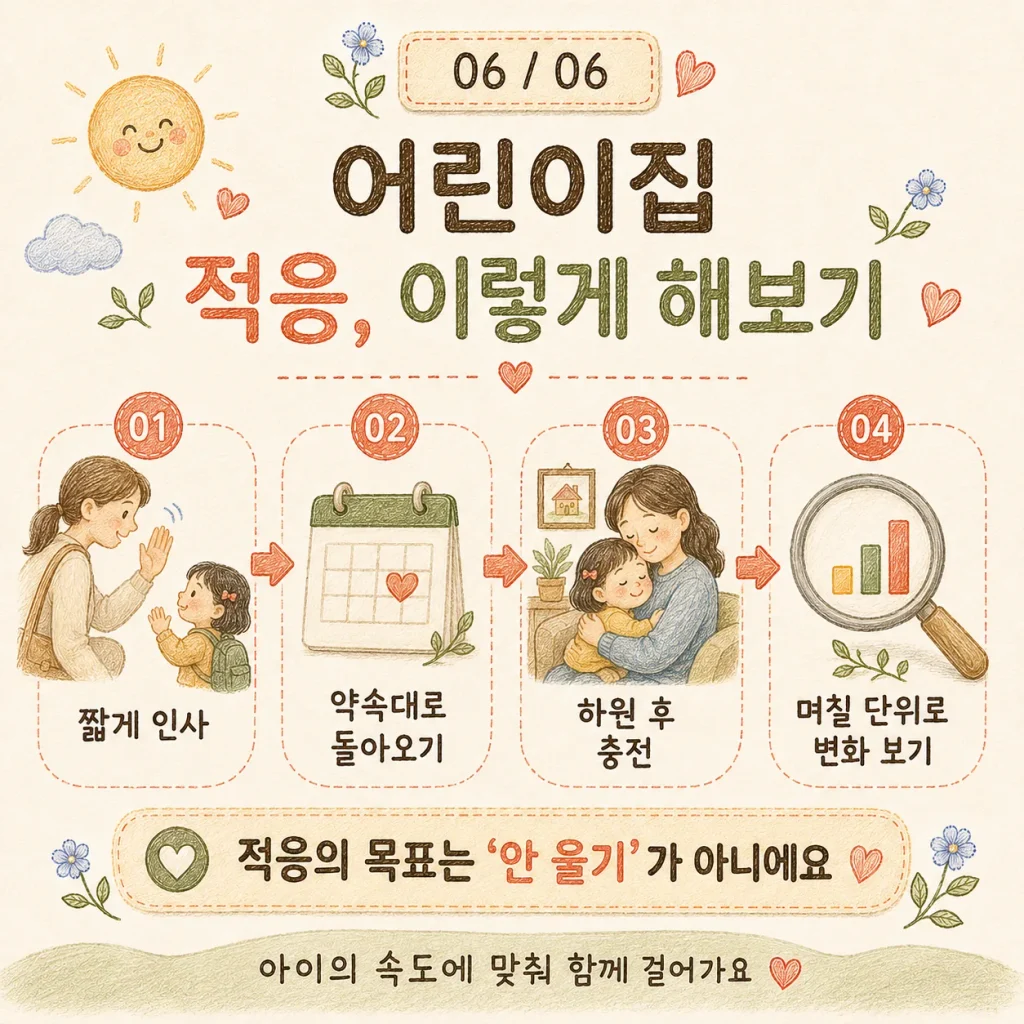 어린이집 적응 이렇게 해보기 짧게 인사 약속대로 돌아오기 하원 후 충전 변화 보기 카드