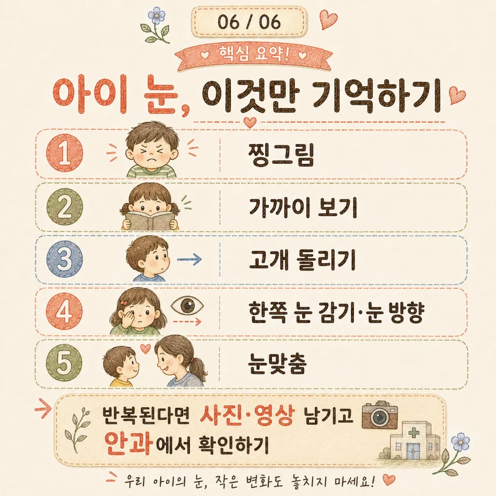 아이 시력 체크 핵심 정리 카드: 찡그림, 가까이 보기, 고개 돌리기, 한쪽 눈 감기·눈 방향, 눈맞춤
