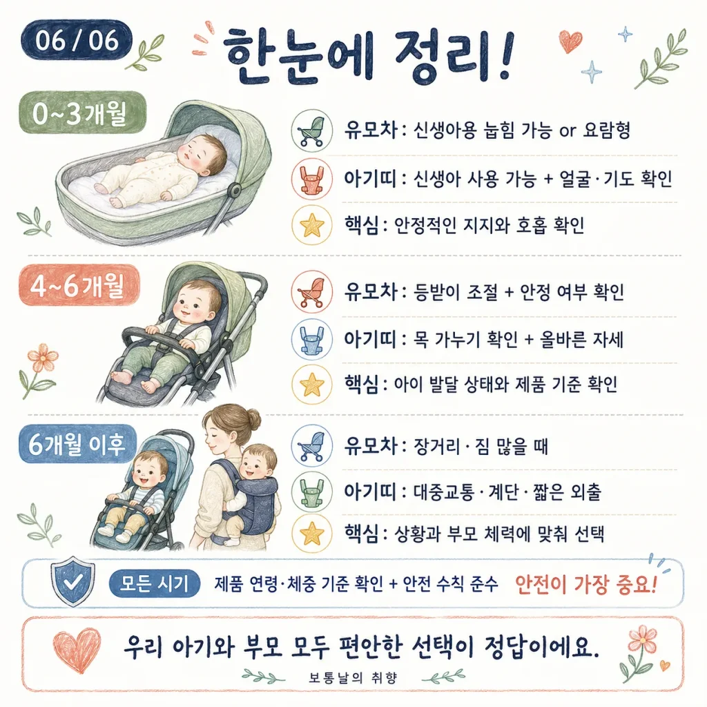 월령별 유모차 아기띠 선택 기준 한눈에 정리 카드