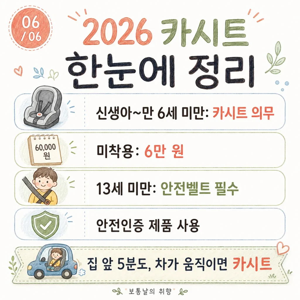 2026 카시트 의무 나이 한눈에 정리 카드: 신생아~만 6세 미만 카시트 의무, 미착용 6만 원, 13세 미만 안전벨트 필수, 안전인증 제품 사용
