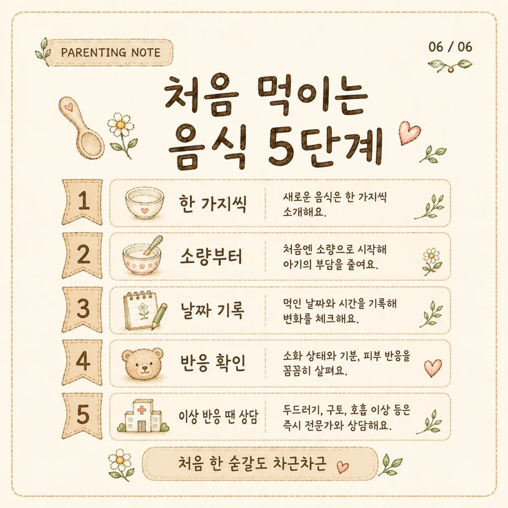 처음 먹이는 음식 5단계 한 가지씩 소량부터 날짜 기록 반응 확인 카드