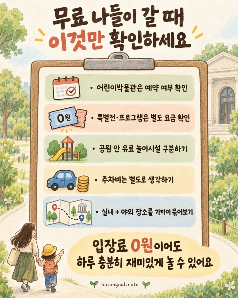 예약 여부 별도 요금 주차비 동선을 확인하는 무료 나들이 체크리스트 카드