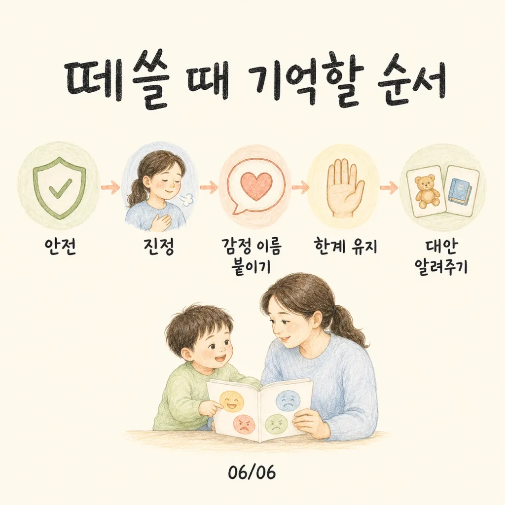떼쓸 때 기억할 순서 안전 진정 감정 이름 붙이기 한계 유지 대안 알려주기 카드