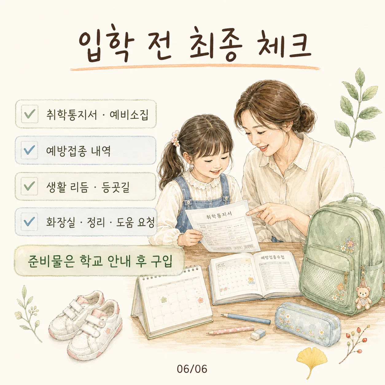 초등학교 입학 준비 최종 체크 취학통지서 예방접종 생활 리듬 카드