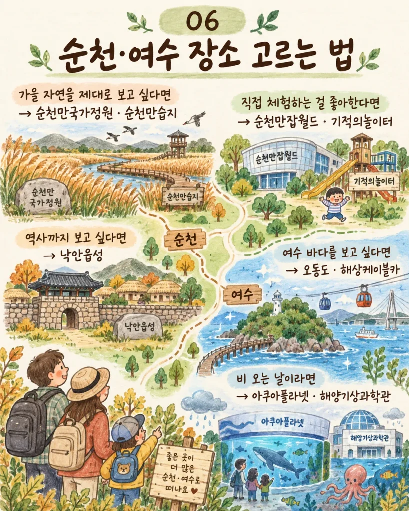 아이의 관심사에 따라 순천·여수 여행 장소를 고르는 안내 카드