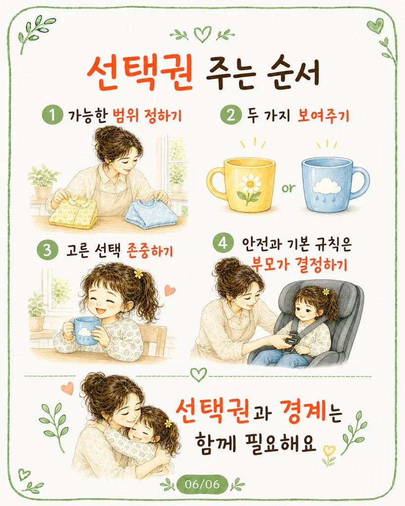 아이 선택권 주는 순서 범위 정하기 두 가지 보여주기 선택 존중 안전은 부모가 결정 카드