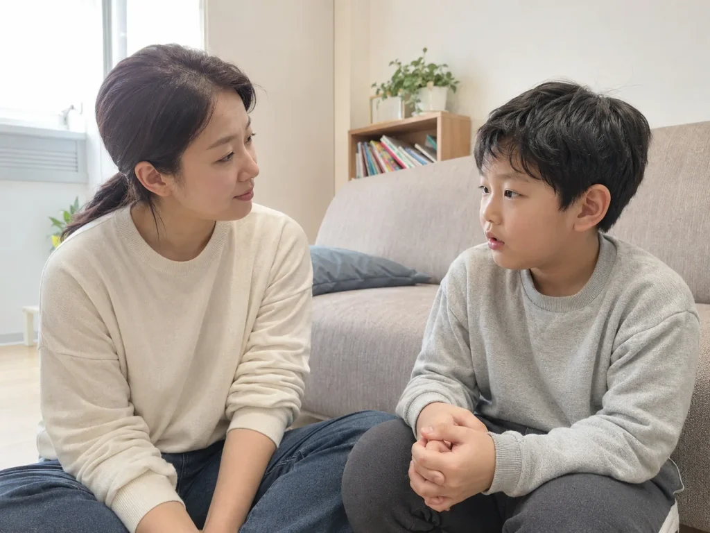 엄마와 마주 앉아 이야기하는 초등학생 아이