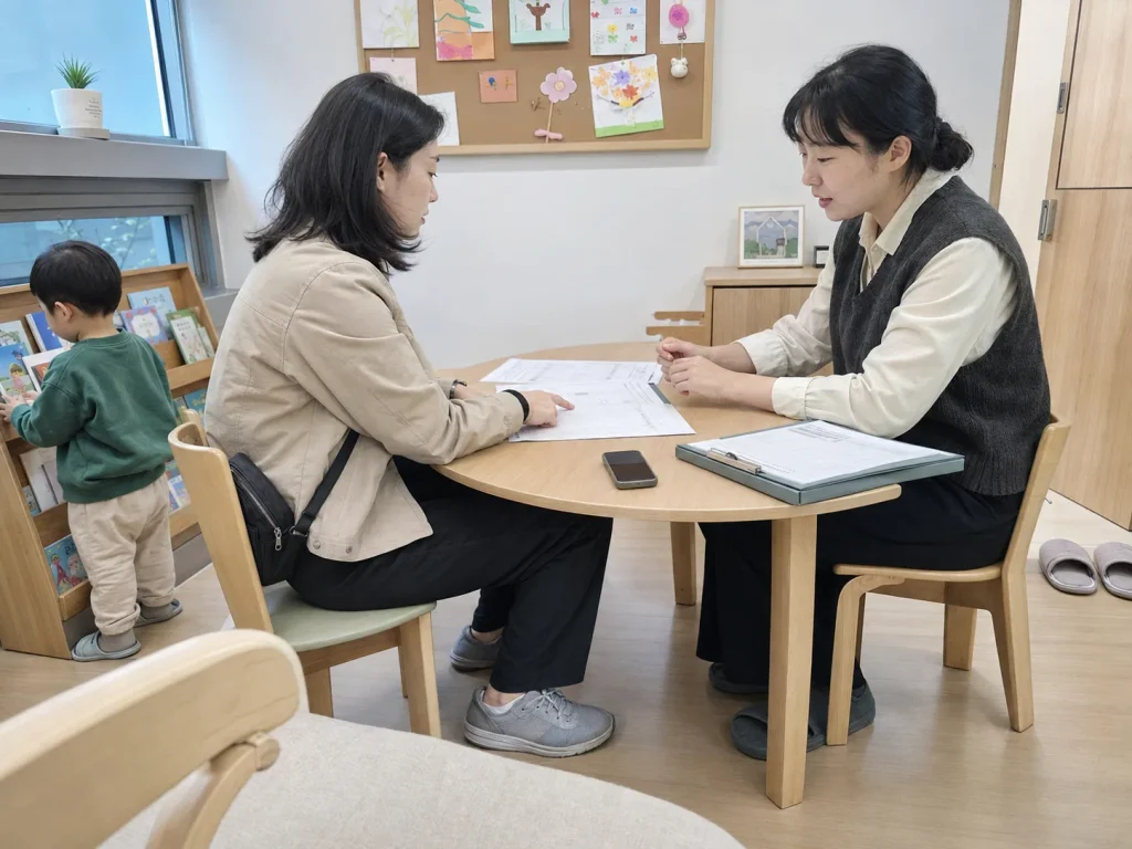 어린이집 입소 상담에서 월 납부내역을 확인하는 모습