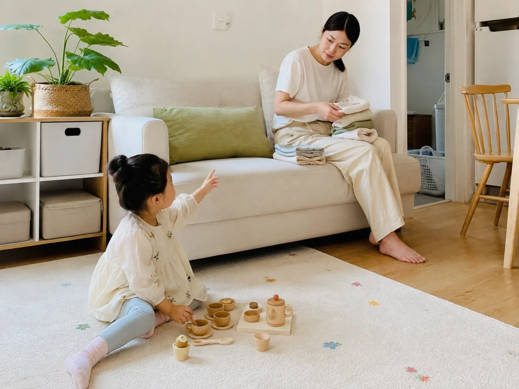 거실에서 혼자 블록 놀이를 하는 아이와 가까이 소파에서 책을 읽는 엄마