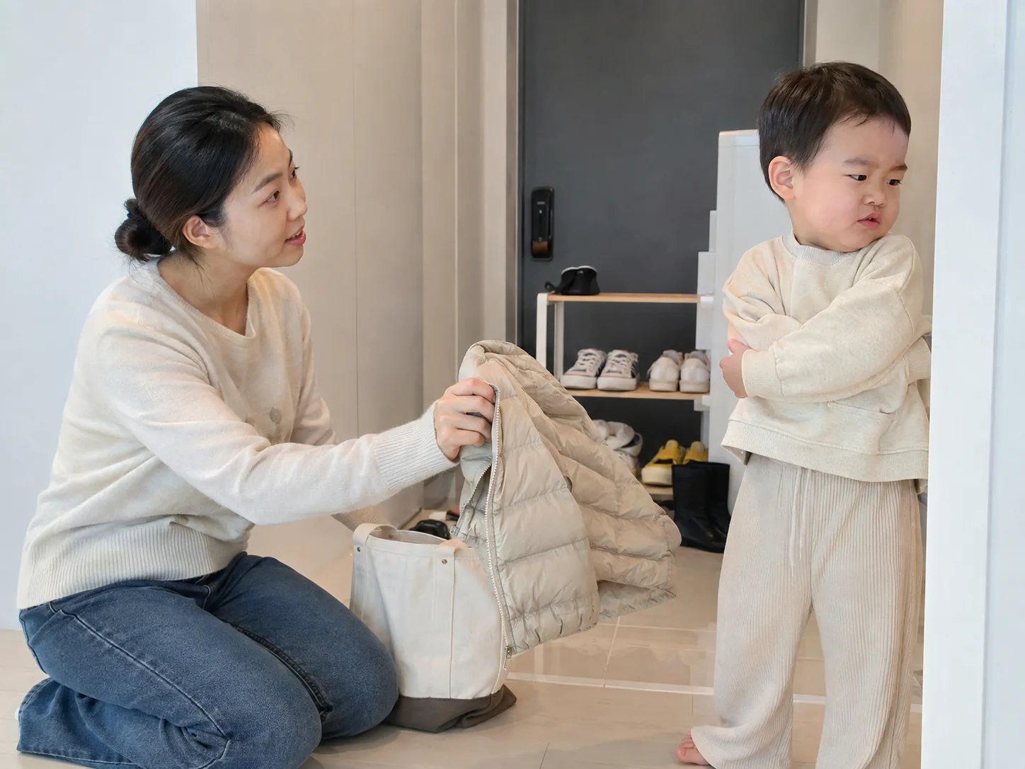 외출 시간에 싫어하는 두 돌 아이에게 외투를 챙기는 엄마
