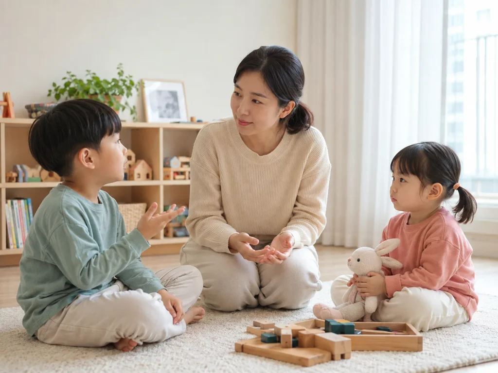 엄마가 두 아이의 이야기를 각각 들어주는 모습