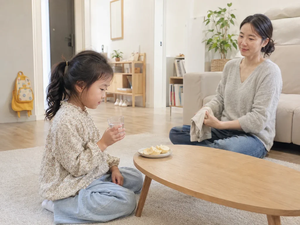 하원 후 식탁에서 간식을 먹으며 쉬는 아이와 엄마