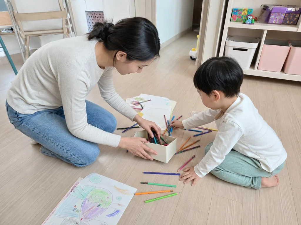 엄마와 함께 그림을 그리며 상상놀이를 하는 아이