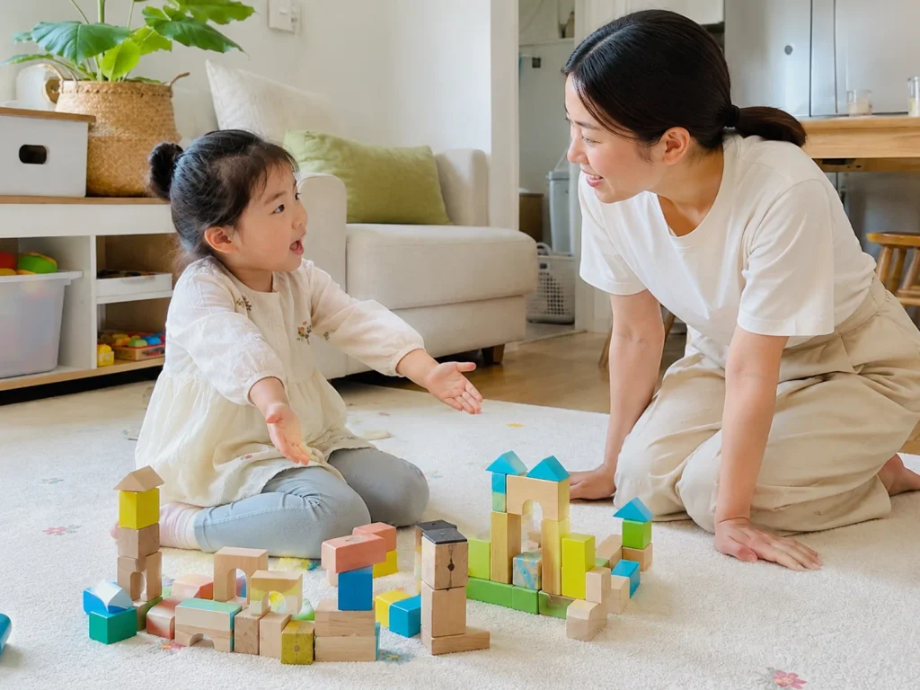 놀이를 시작하지 못하는 아이에게 다가가 놀이를 연결해 주는 엄마