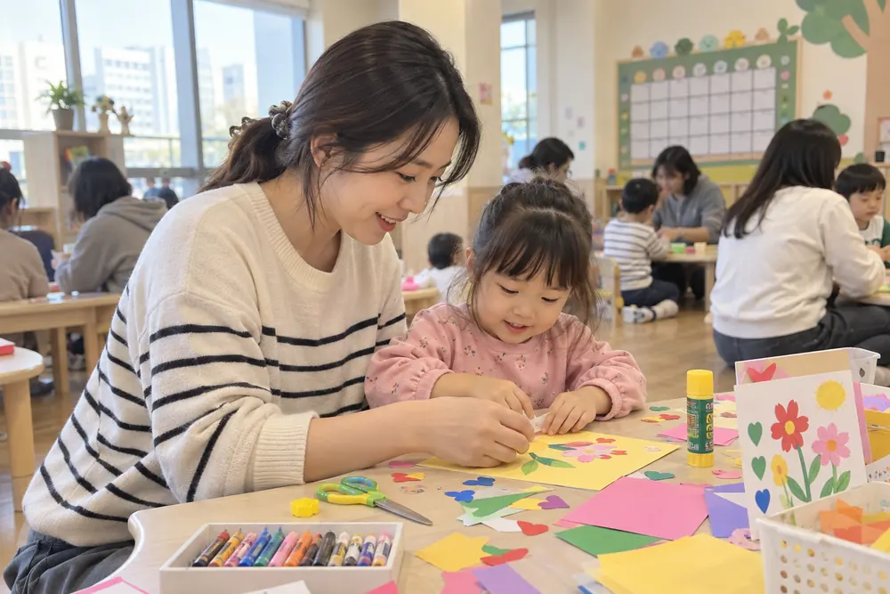 부모자녀 체험 프로그램에서 함께 만들기를 하는 엄마와 아이