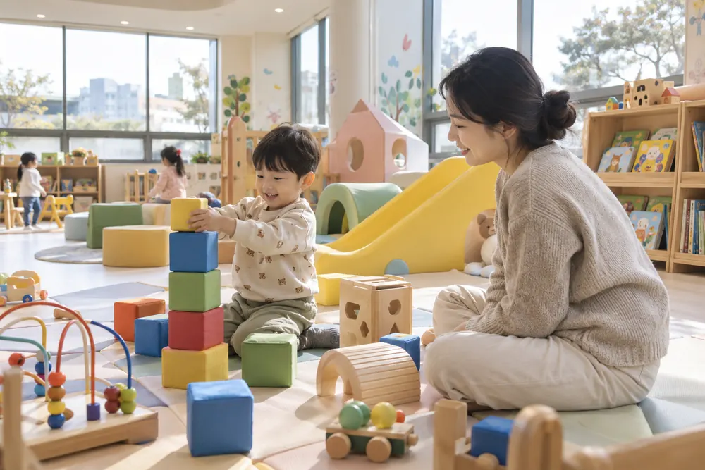 놀이체험실에서 블록을 쌓으며 노는 아이와 엄마