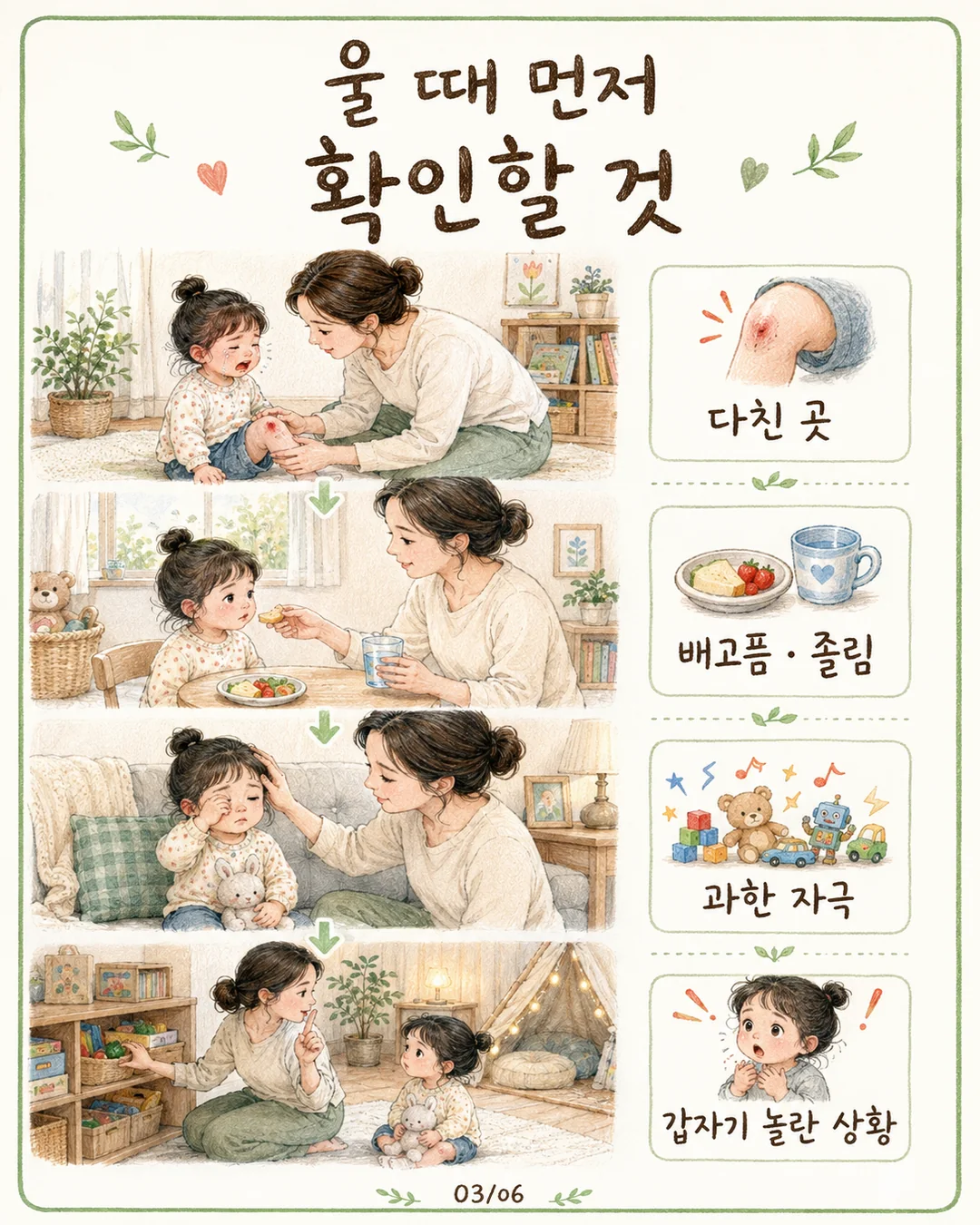 아이 울 때 먼저 확인할 것 다친 곳 배고픔 졸림 과한 자극 놀람