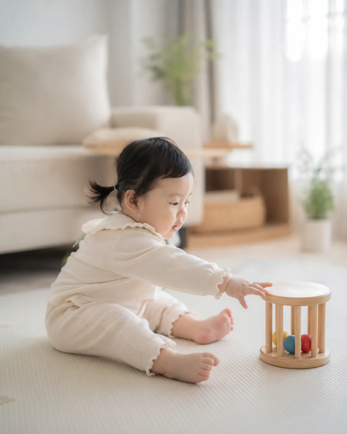 바닥에 앉아 원목 장난감을 가지고 노는 아이