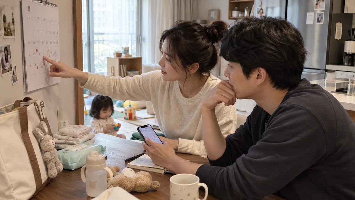 복직 일정을 달력으로 확인하며 아이돌봄 신청을 상의하는 부부