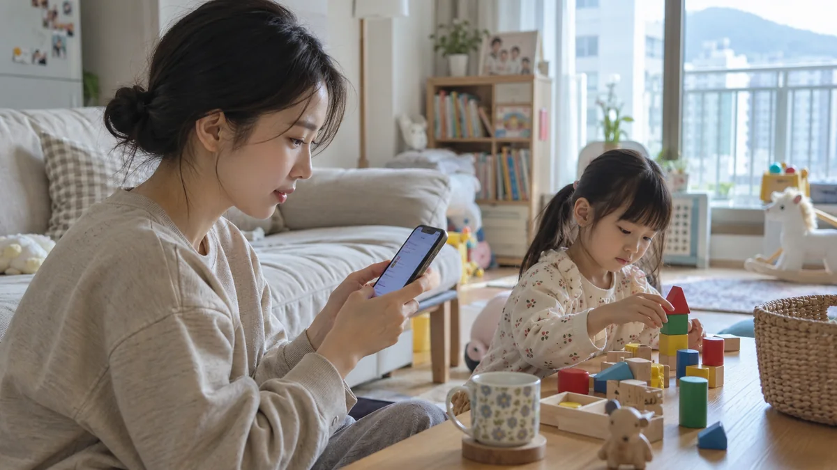휴대폰으로 아이돌봄서비스 홈페이지에 아동등록하는 엄마
