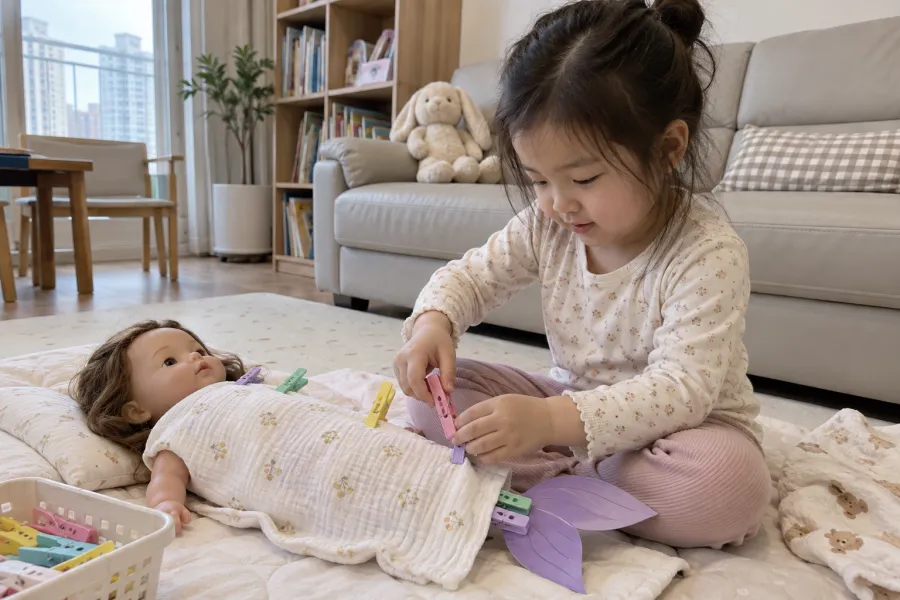 인형 담요에 빨래집게를 달아주는 역할놀이
