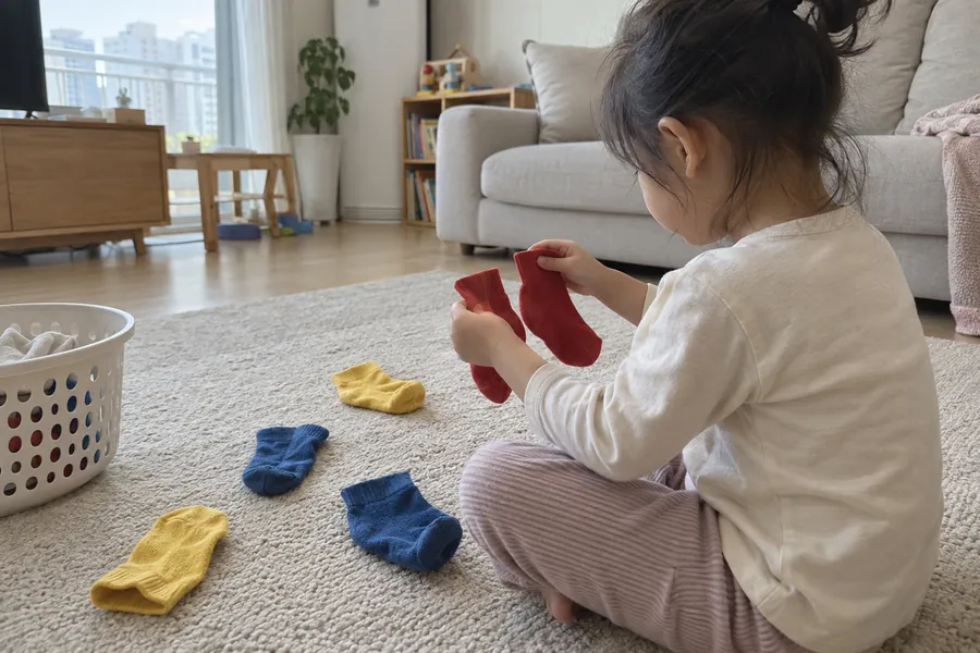 빨간 양말 두 짝을 맞춰 보는 아이 - 양말 색깔별로 짝 맞추기