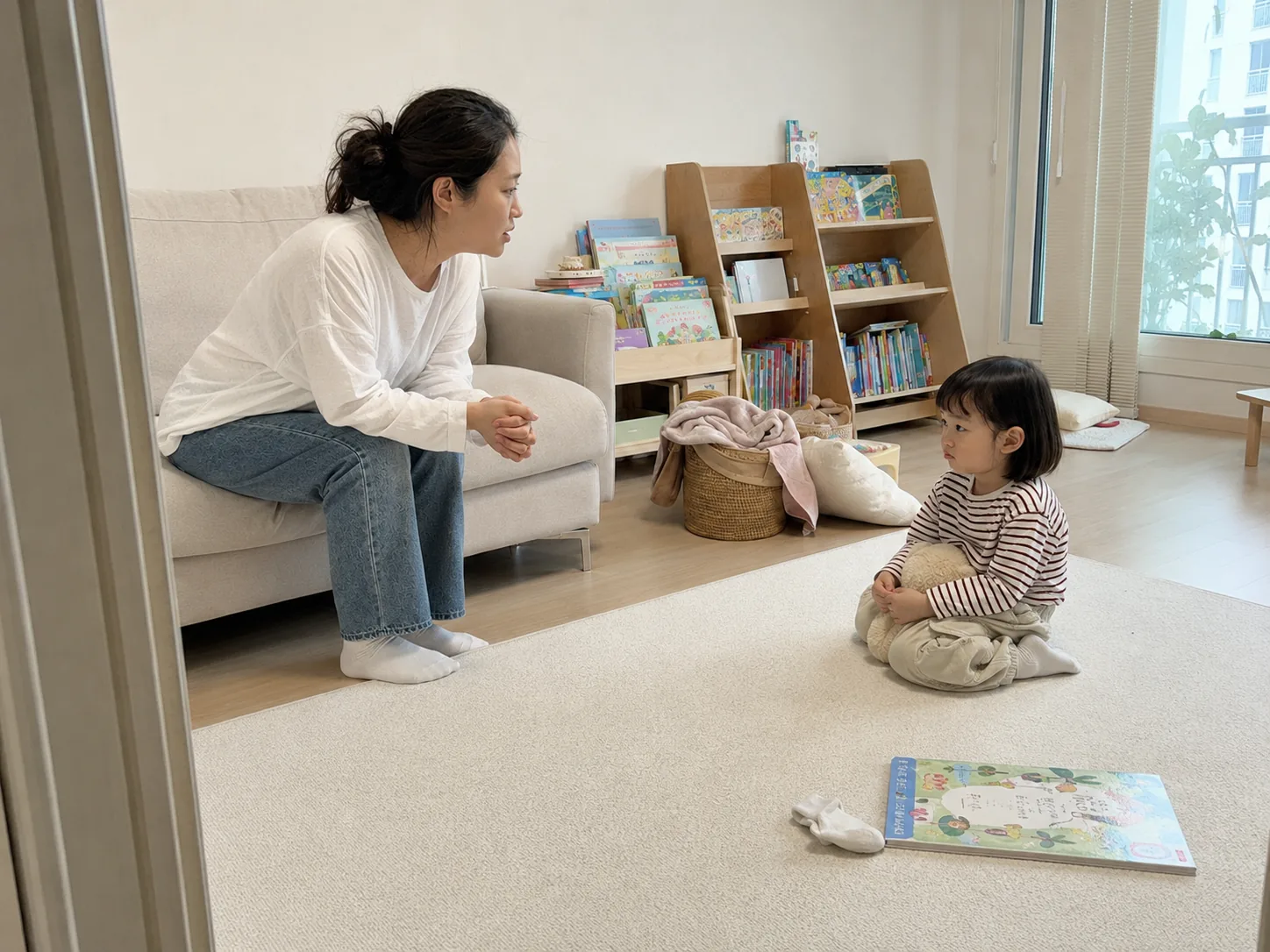 감정을 가라앉힌 뒤 아이와 다시 이야기하려는 엄마